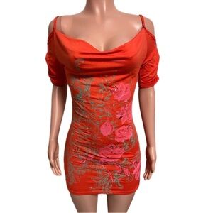 Pretty stretchy orange PRINT WITH STONES cold shoulded ruched tunic dress New